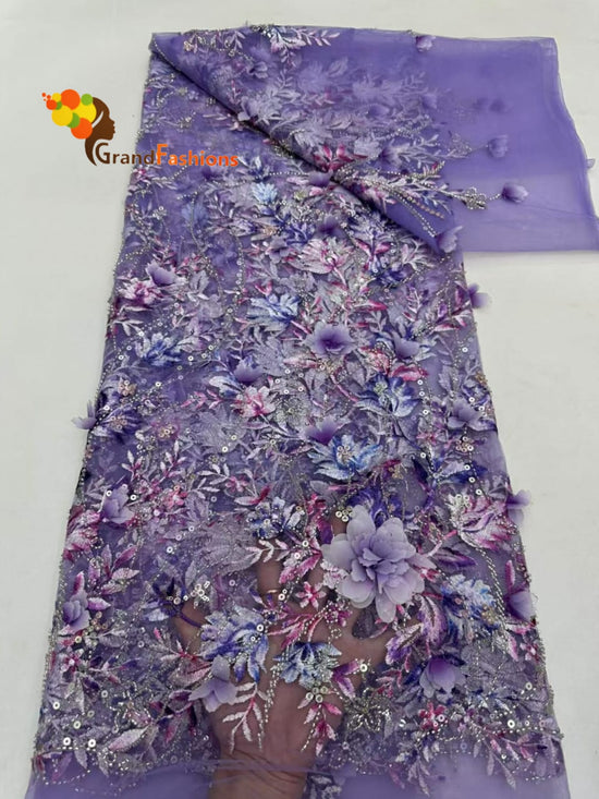 Queen Elizabeth Women's Luxury Beads & Sequins French Lace With 3D Flowers