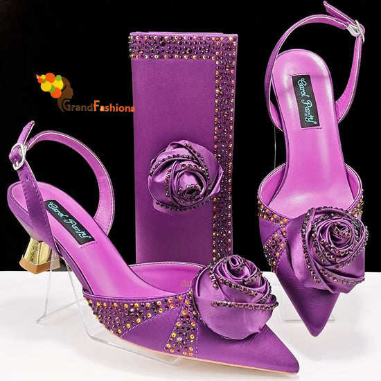 Queen Dahila Women's Preminum Shoe & Bag Set with Rhinestone